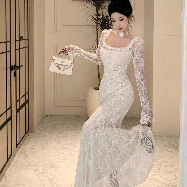 Váy Dạ Hội, Phong Cách Người Nổi Tiếng Trên Internet Cùng Một Phong Cách, Ren Cao Cấp Thanh Lịch Nhẹ Nhàng Kiểu Pháp, Cổ Vuông, Váy Đuôi Cá Bó Có Khóa Kéo