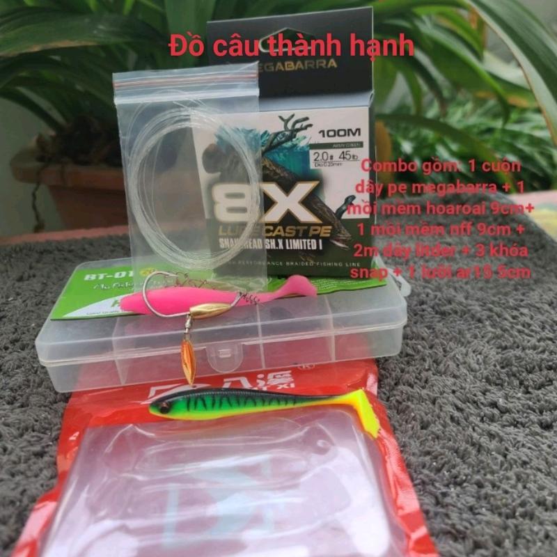 combo dây megabarra 100m+ 1 con mồi mềm nff 9cm + 1 mồi mềm horoai 9cm + 1 lưỡi câu mồi mềm ar15+ 2m dây litder và 3 cái khóa snap.