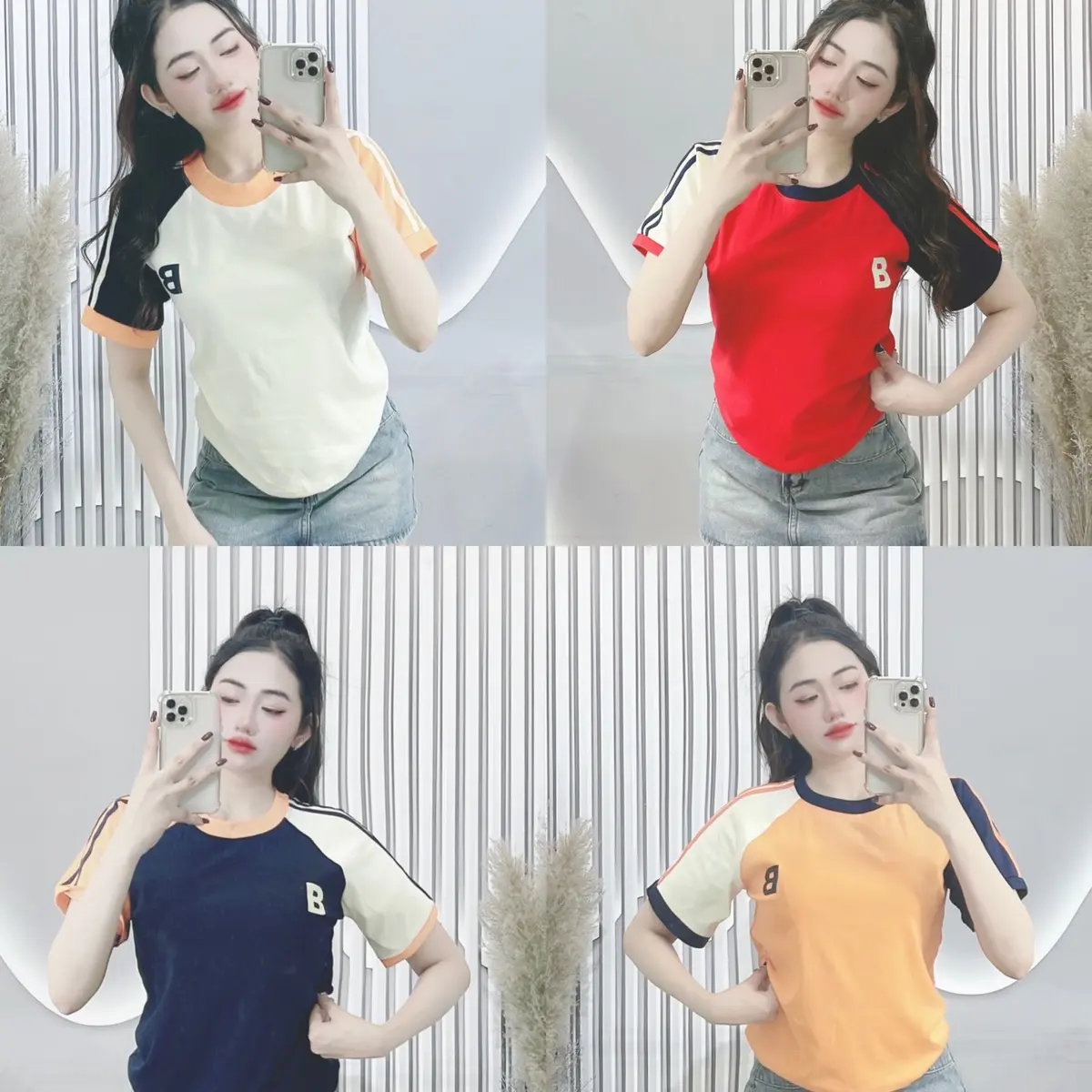 Áo thun chất Borip co giản 4 chiều from áo Baby Tee kiểu dáng ôm phối viền màu thể thao - Mã Viền Chữ B Cotton Sport