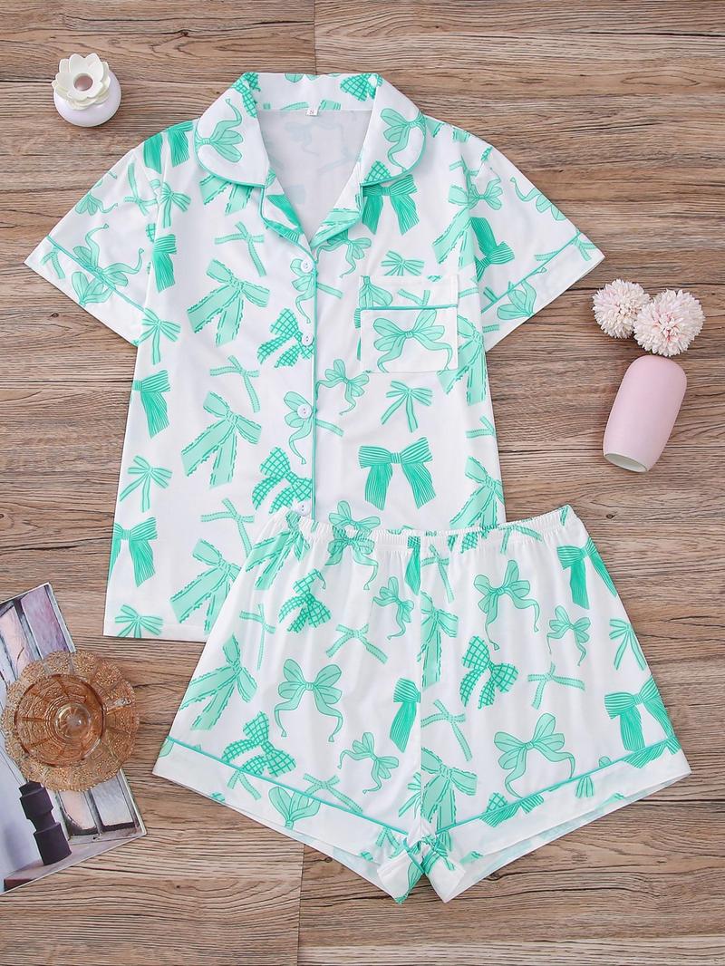 Product Introduction of Two-piece Set Women's All Over Bow Print Pocket Button Front Shirt & Bow Decor Shorts Pyjama, Casual Comfy Short Sleeve Lapel Top & Elastic Waist Shorts Pj Set, Ladies Summer Sleepwear, Summer Friday Set, Sleep Sets, Pajamas 7