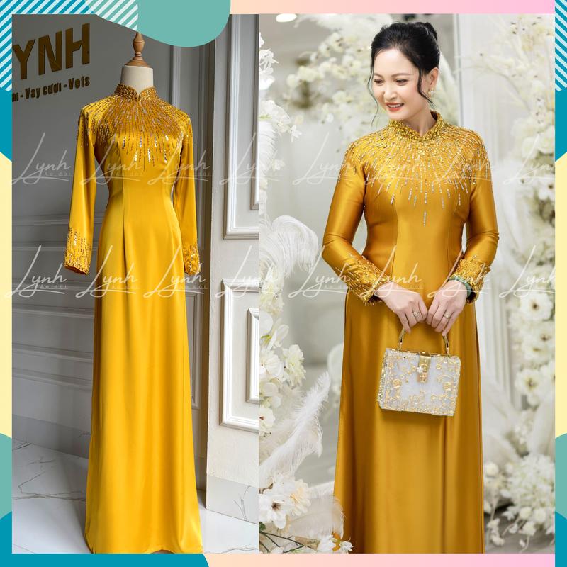 Áo dài Bà sui Lụa tô châu vàng đính ngọc sang trọng - Áo Dài Lynh Nữ Voan Voi Sen Women Hoa Sen Women Hoa Sen Dress Kem