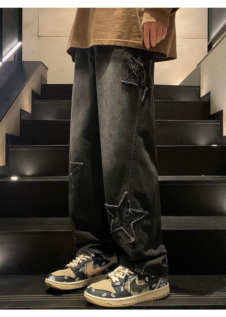 Product Introduction of Pants Men's Ins Fashionable Loose Wide-Leg American Vibe High Street Jeans Men's Fashionable Fried Street Ruan Shuai Straight Men's Pants Sneaker 36