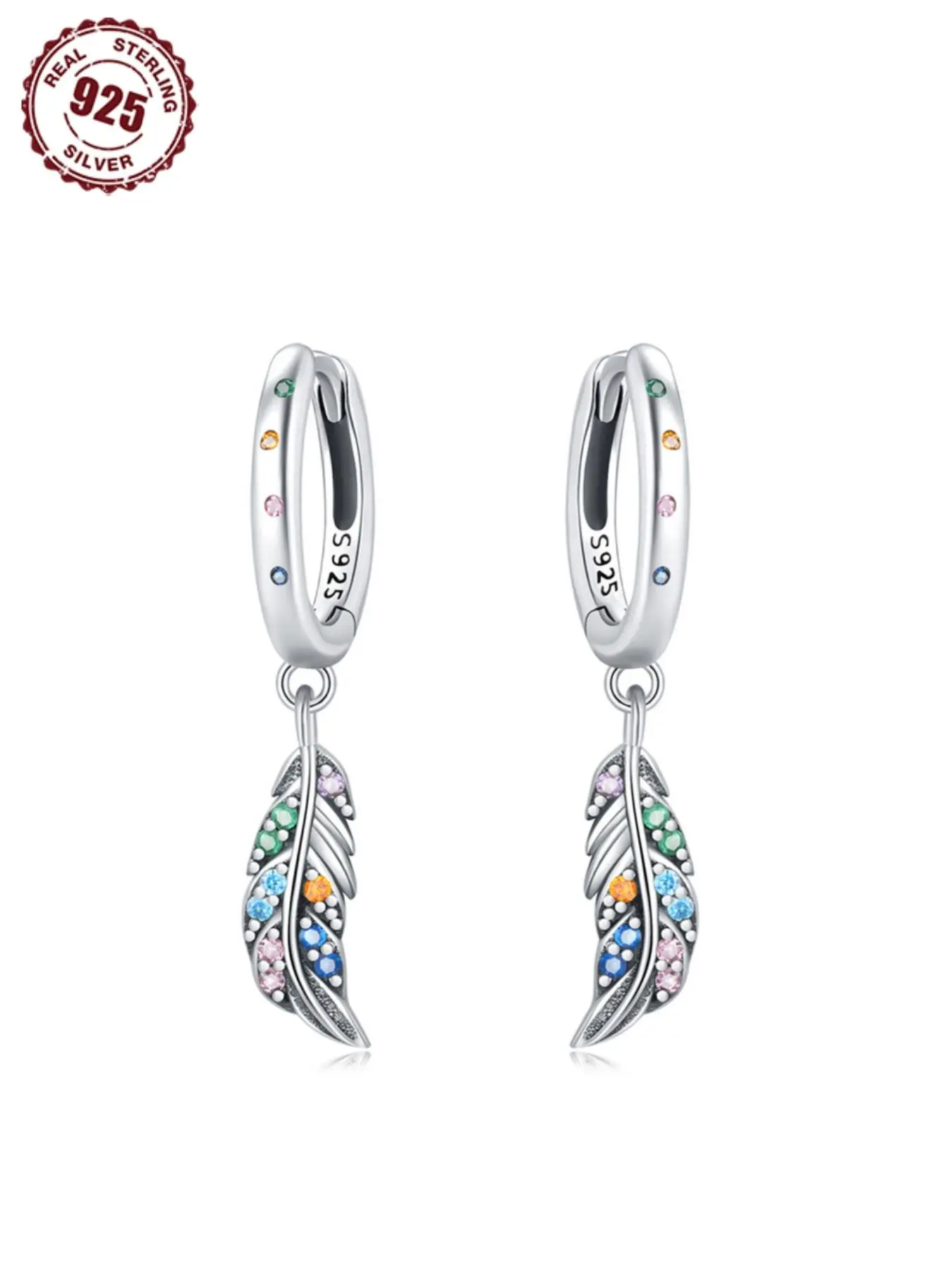 925 Sterling Silver Fashion Colorful Zirconia Decor Feather Design Earrings, Trendy All-match & Exquisite Jewelry for Birthday Gift