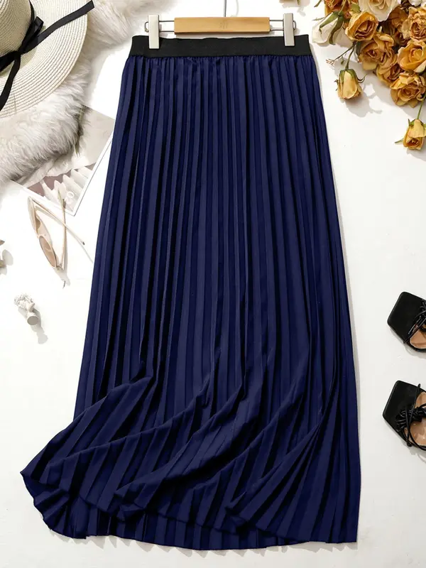【Plus Size】 Solid Pleated Skirt, National Day Clothing, Elegant Fashion A-line Skirt for Daily Outdoor Wear, Women Plus Clothing for Summer 1