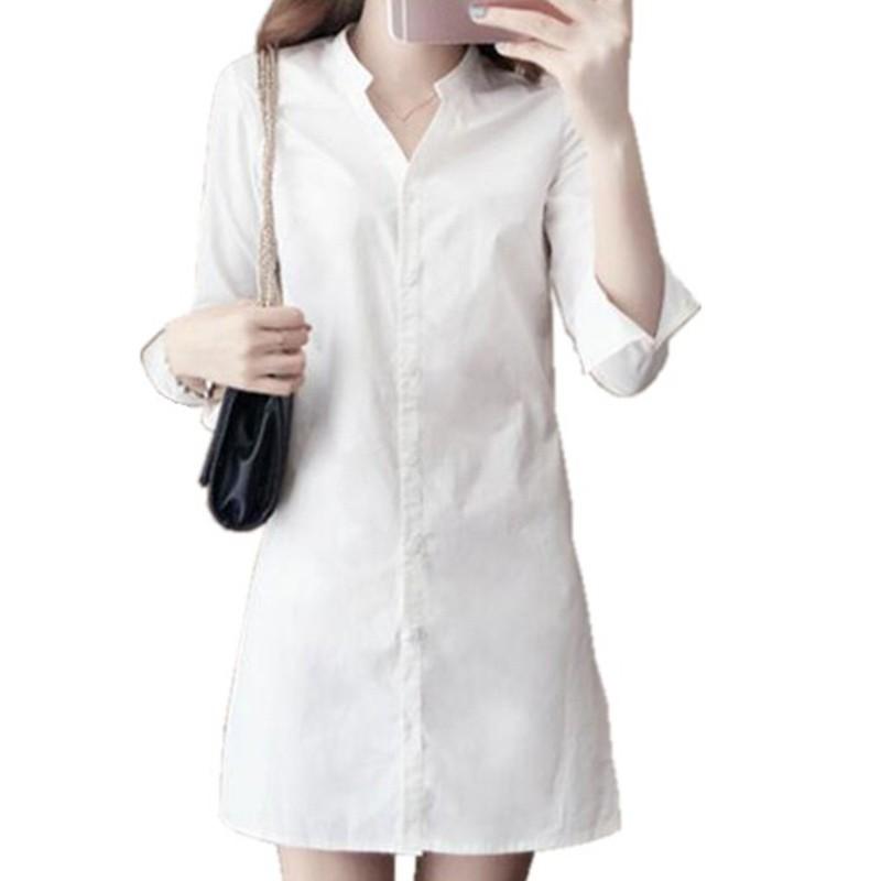 Đầm Sơ Mi Ôm, Thời Trang Nữ Và Bé Gái, Màu Trắng, Dài Tay, Đường Viền Cổ Chữ V Women Dress Váy 6
