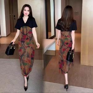 Summer New Version V Neck Floral Print Patchwork New Design Women Long Dresses Foreign Flavour Fashion Loose Showing Slim Lady Short Sleeve Dress Retro
