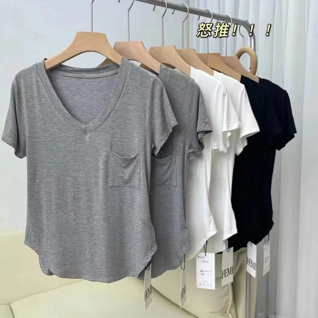 Áo Thun ngắn Tay Dành Cho Nữ, Phong Cách Hàn Quốc, Cổ Áo Xếp Nếp, Vải Modal Và Cotton, Dáng Rộng Vừa Vặn, Áo Sơ Mi Cơ Sở Dễ Phối Đồ Áo Cổ Chữ V Sành Điệu, Thích Hợp Cho Mùa Hè