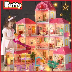 Duffy toys (COD) Mainan Anak Perempuan Rumah Boneka Besar 3D Princess Big Pink Villa DIY Doll House Lengkap Perabot Rumah dengan Lampu / Mainan keluarga anak perempuan dan anak-anak, bingkai 3D Cross Border rakitan istana putri besar mainan rumah boneka