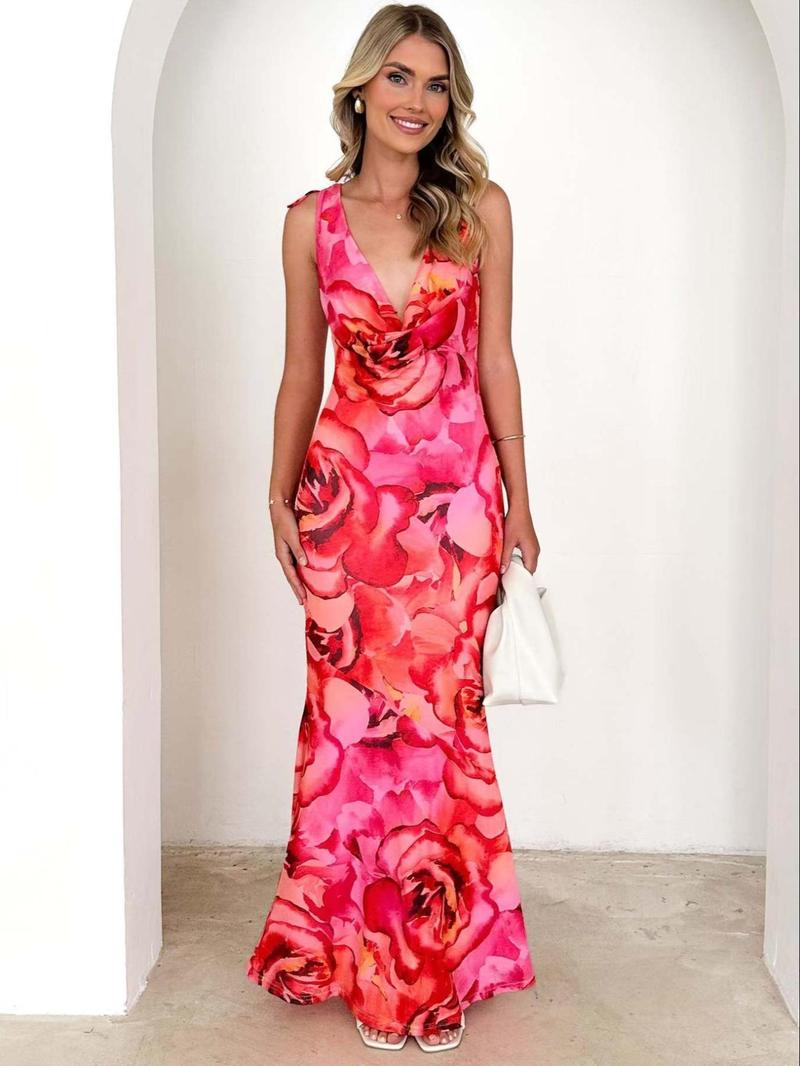 Product Introduction of Women's All Over Floral Print  Tank Dress, Elegant Sleeveless V Neck Maxi Dress for Party Holiday Wedding Guest, Ladies Clothes for Summer 1
