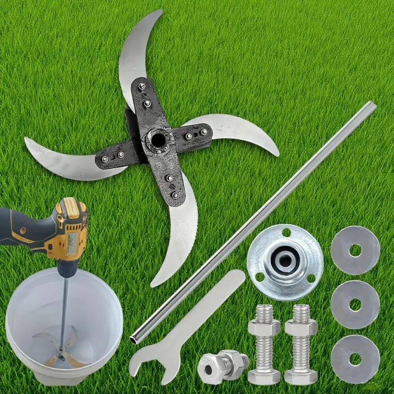 [1 SET]Pisau Mesin Cacah Rumput Sayuran Multifungsi Pakan Ternak Entok Ayam untuk Dinamo dan Stick Bor Jenis baru alat pemotong sayuran dengan mata pisau yang lebih tebal, dudukan mata pisau, dan batang dasar.