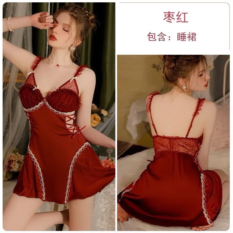 V06  Váy ngủ viền ren mềm mịn,cột eo,(có mút + dây cột eo 2 bên)Hàng QCCC 2