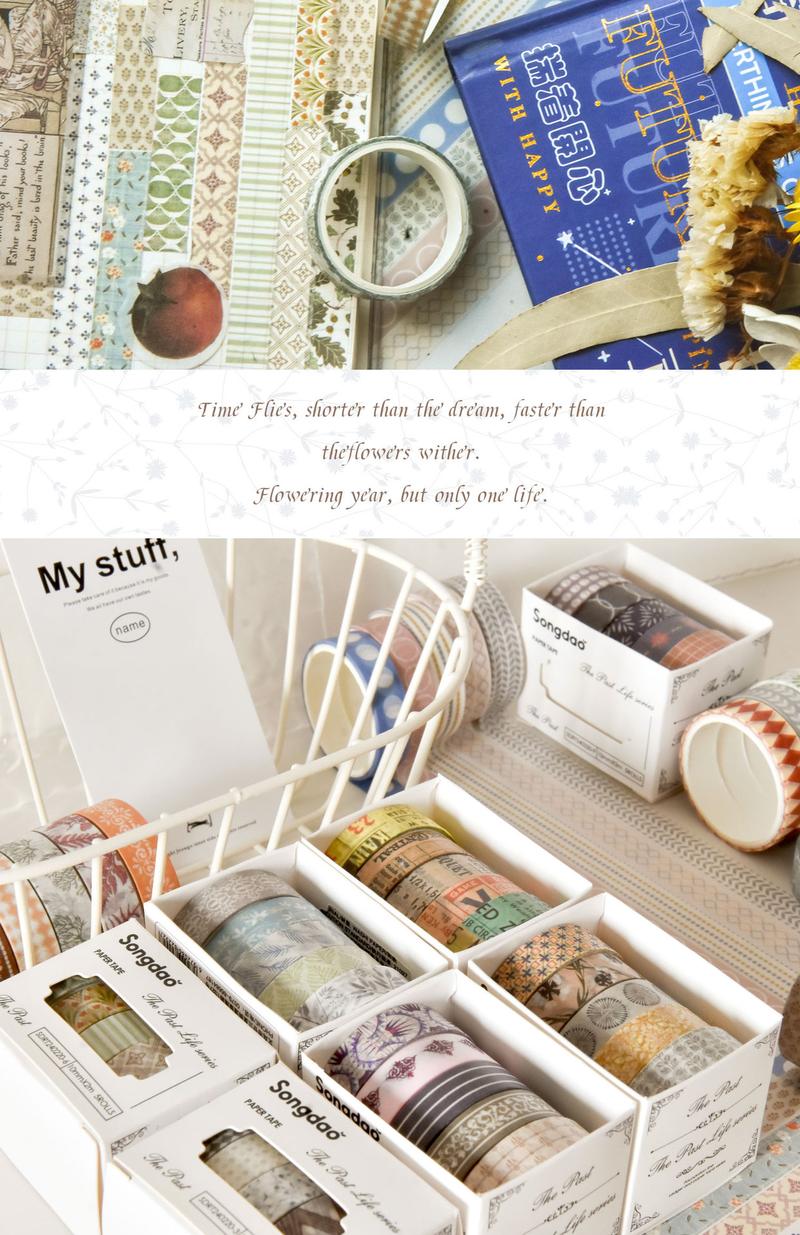 Product Introduction of [SG] Washi Tape Set For DIY Decorative 10mm x 2M x 5 Rolls Passing Time Series Washi Tape 6