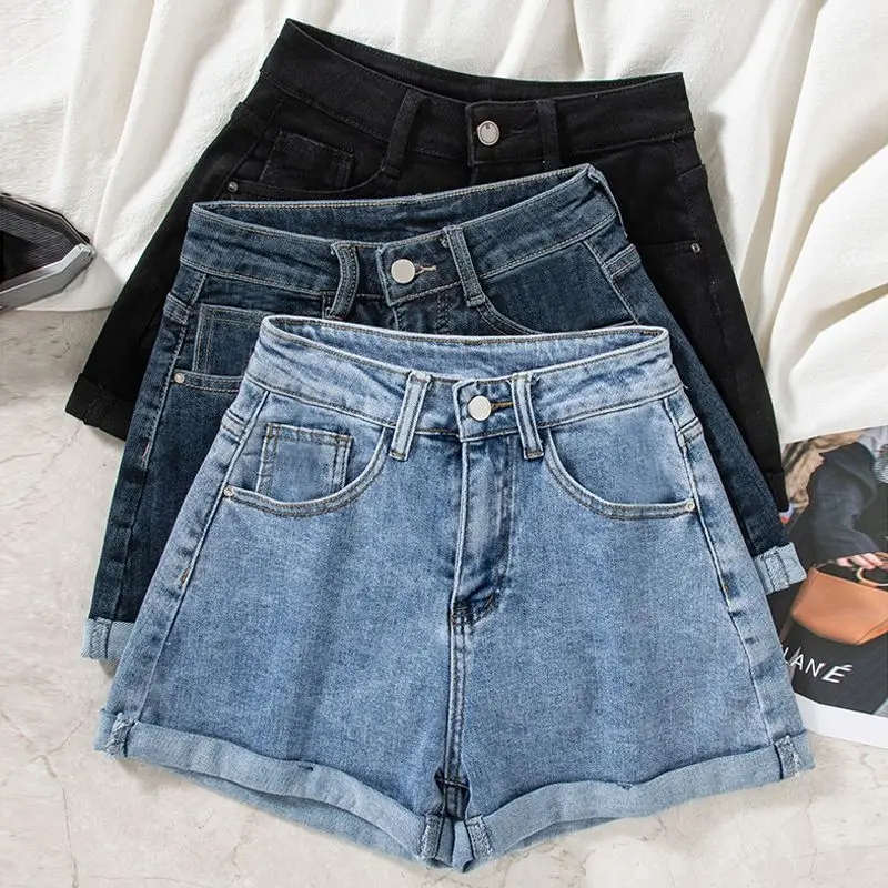 【Quần short denim】INS Style Denim Shorts Women's Design Summer Thin A- line High Waist Slimming Casual Wide Leg Pants Curling Hot Pants Clothing Chinese Clothing Ladies Women's Women's Denim Shorts Denim Shorts Rolled Waist