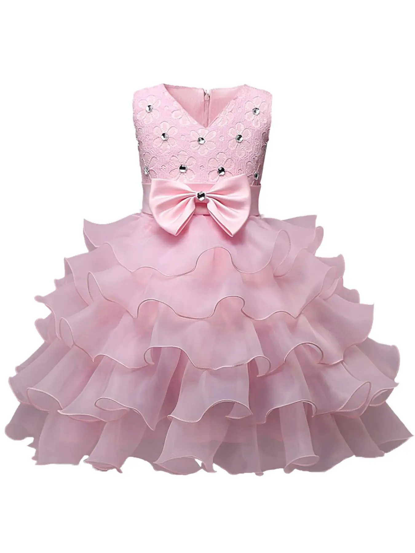 Girl's Plain Artificial Gemstone & Bowknot Decor Tiered Layer Mesh Tutu Dress, Cute Sleeveless V Neck Party Dress for Night Out  Evening Banquet Wedding Guest, Kids Clothes for All Seasons