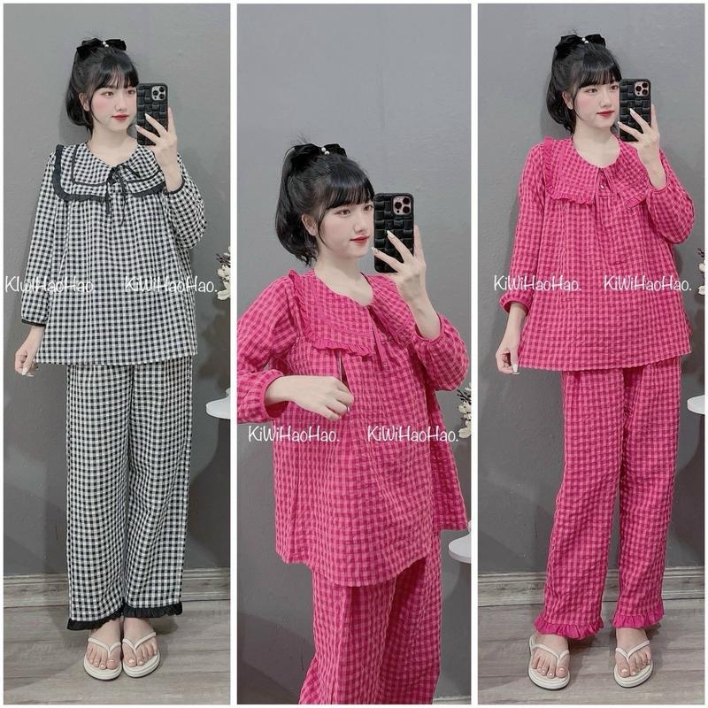 Bộ Bầu Dài Caro Chất Đũi Hàn Cao Cấp Mềm Mịn , Mặc Cả Sau Sinh Áo Có Khóa Tu Ti Đầm Bầu 1