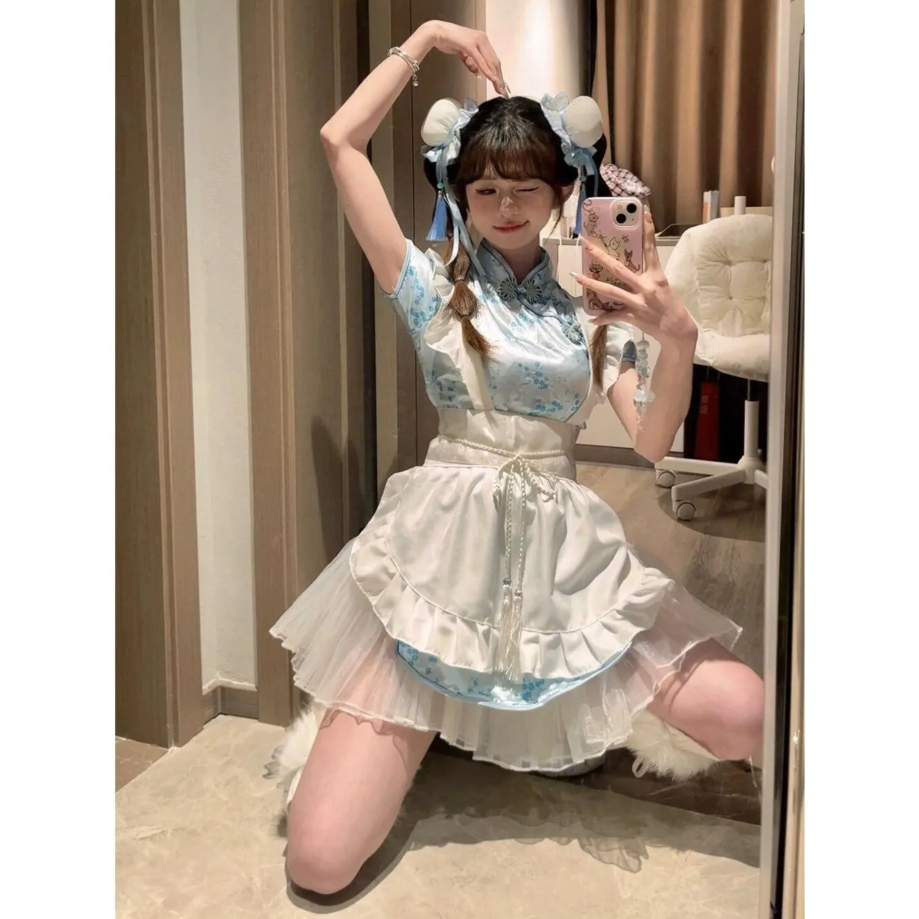 【YZW】Váy Sườn Xám Phong Cách Trung Quốc Mới, Cheongsam Trung Quốc, Yzw, Với Tạp Dề Có Dây Đeo, Bộ Đồ Mùa Hè, Thời Trang Nữ, Phong Cách Cải Tiến, Thích Hợp Cho Trung Quốc Women Dress Voi