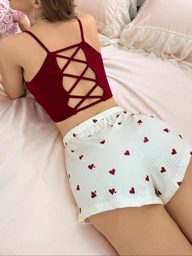 Product Introduction of Women's Plain Cami Top & Heart Print Shorts Pyjama Two-Piece Set, Casual Comfy Spaghetti Strap Camisole & Shorts PJ Set, Ladies Sleepwear for All Seasons 2