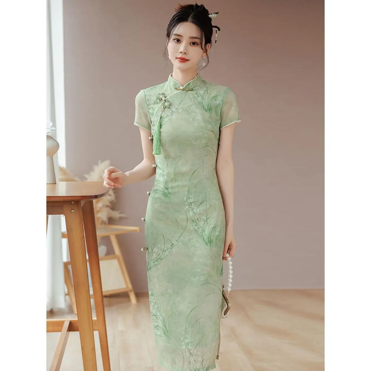 Sườn Xám Xanh, Cải Tiến Mới, Thích Hợp Để Kiểm Tra, Bộ Sưu Tập Mùa Hè 2024, Phong Cách Trung Quốc Đẹp Và Ôm Sát, Thích Hợp Cho Các Cô Gái Trẻ Mặc Hàng Ngày