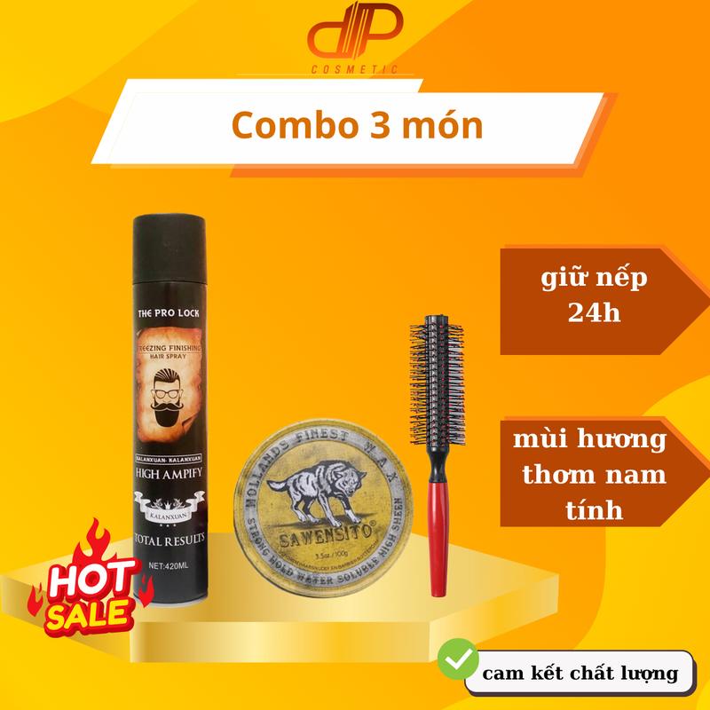 COMBO sáp vuốt tóc SAWENSITO CLAY sói vàng kèm gôm xịt tóc 420ml tặng lược tròn tạo kiểu tóc