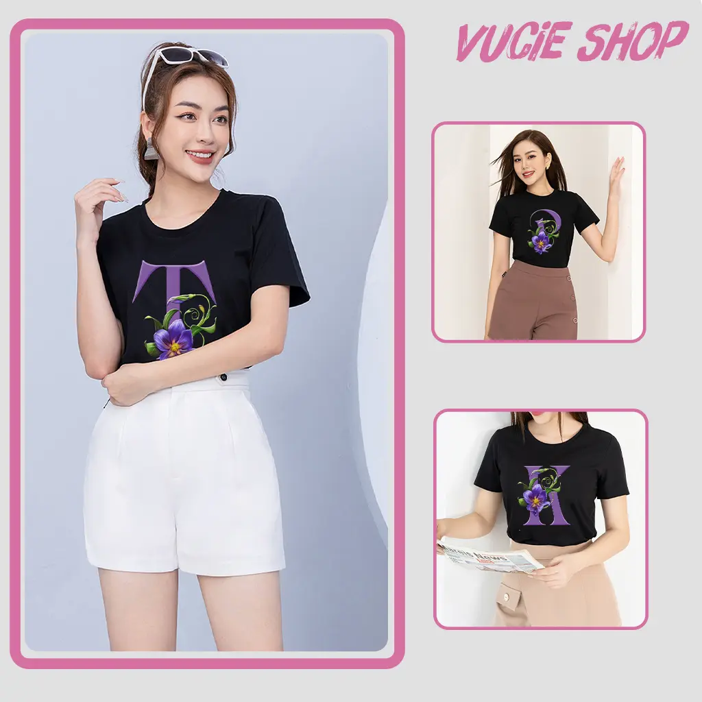 Áo thun nữ ngắn tay cổ tròn áo thun đen in hình chữ màu tím và hoa, chất liệu cotton cao cấp thoán mát vãi dày dặn. Top Women Tim Voi