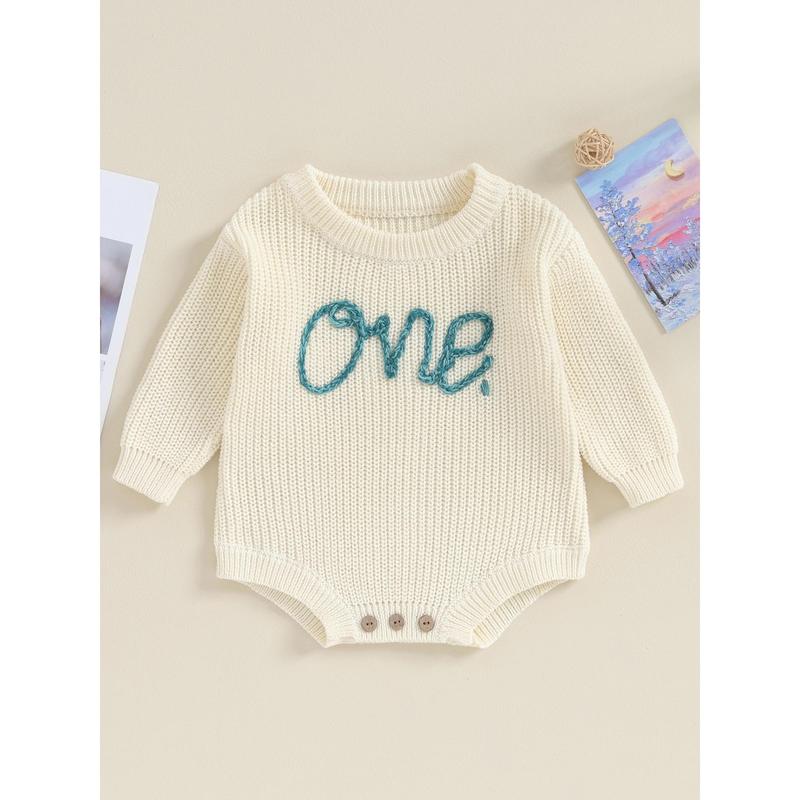 Infant Baby Knit Jumpsuit Letter Embroidered Long Sleeve Round Neck Romper Fall Winter Outfits 4