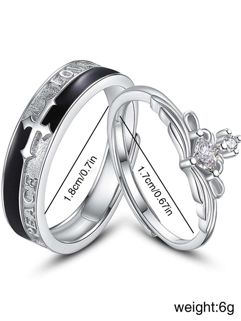 Product Introduction of Fashion Cross & Letter Design Couple Ring (1 Pair), Elegant Rhinestone Decorated Couple Ring, Couple Jewelry for Daily Decoration, Valentine's Day, Gift 7