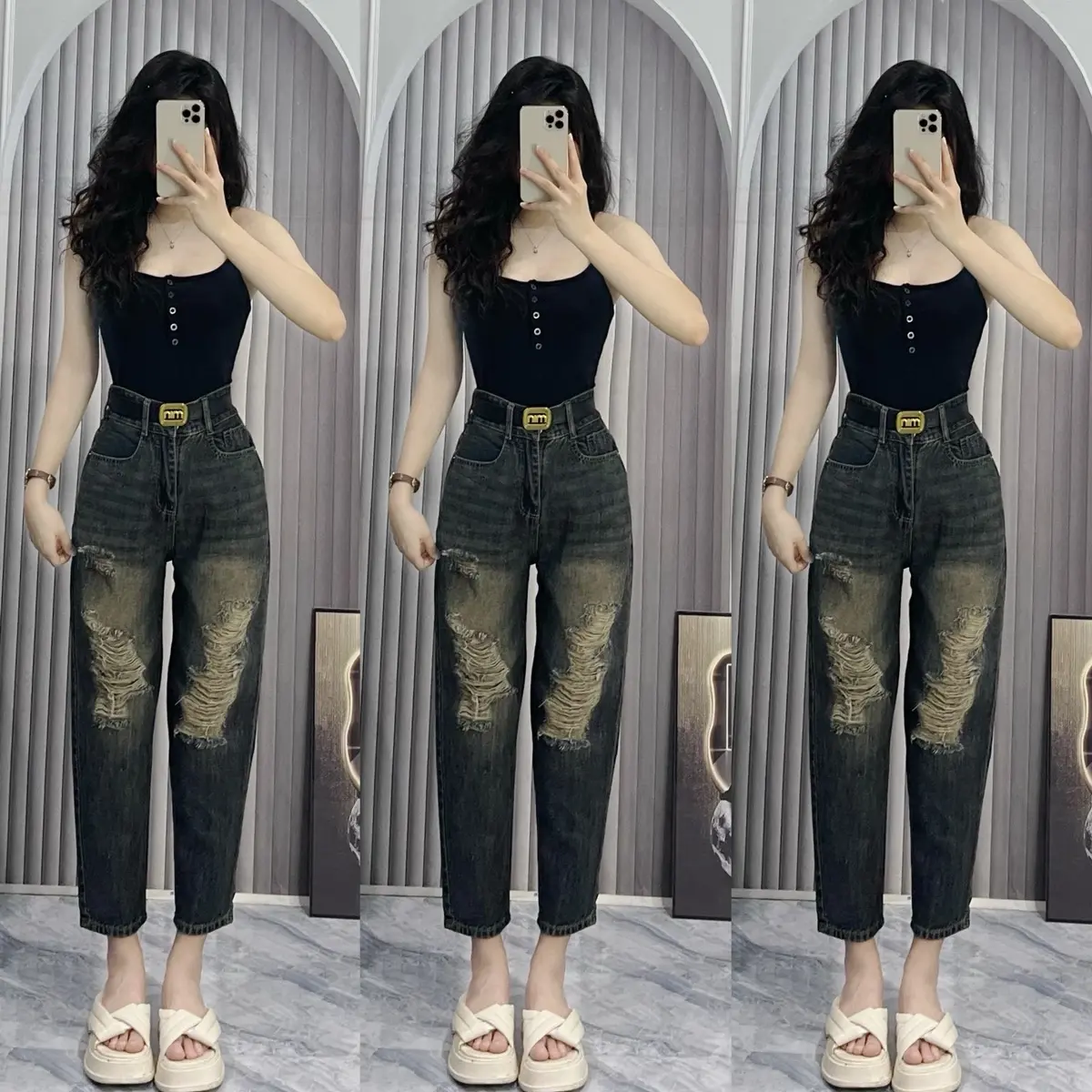 [Có Bigsize] [01] Quần Jeans Baggy Lưng Chun QC 2 Khuy Rách 2 Bên Màu Bụi Denim