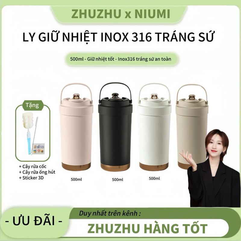 [ZHUZHU X NIUMI] Ly giữ nhiệt inox 316 tráng sứ có ống hút thuỷ tinh dung tích 500ml nắp xoay giữ nóng giữ lạnh 8H, có khắc hình hoa ly