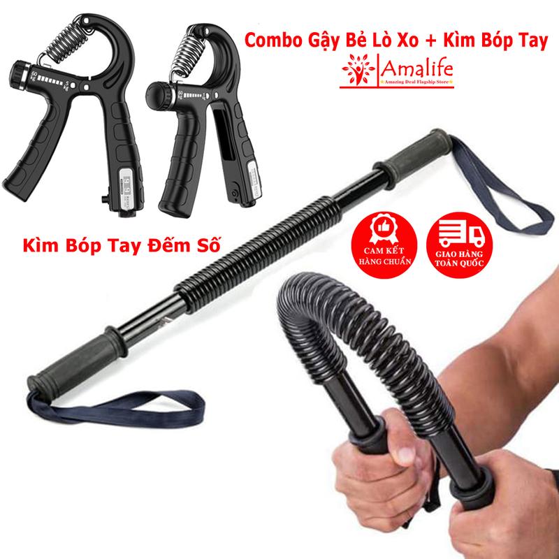 Combo 2 Gậy Bẻ Lò Xo và Kìm Bóp Tay Đếm Số Cao Cấp, Bộ 2 Sản Phẩm Thanh Lò Xo Kháng Lực Tập Cơ Tay Ngực Vai 20kg 30kg 40kg 50kg 60kg Và Kìm Bóp Đếm Số