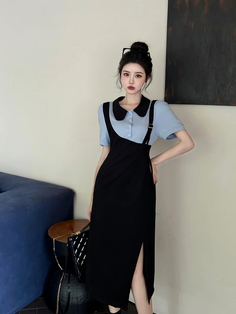 Product Introduction of 2024 Summer New Fashion Simple plus Size Women's Clothing Slim Fake Two Pieces Dress Short Sleeve Mid-Length Black Dress Casual Womenswear 3
