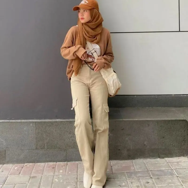 CELANA KULOT CARGO LOOSE HIGHWAIST WANITA PREMIUM Denim Kancing Light Panjang Saku Samping jeans 1