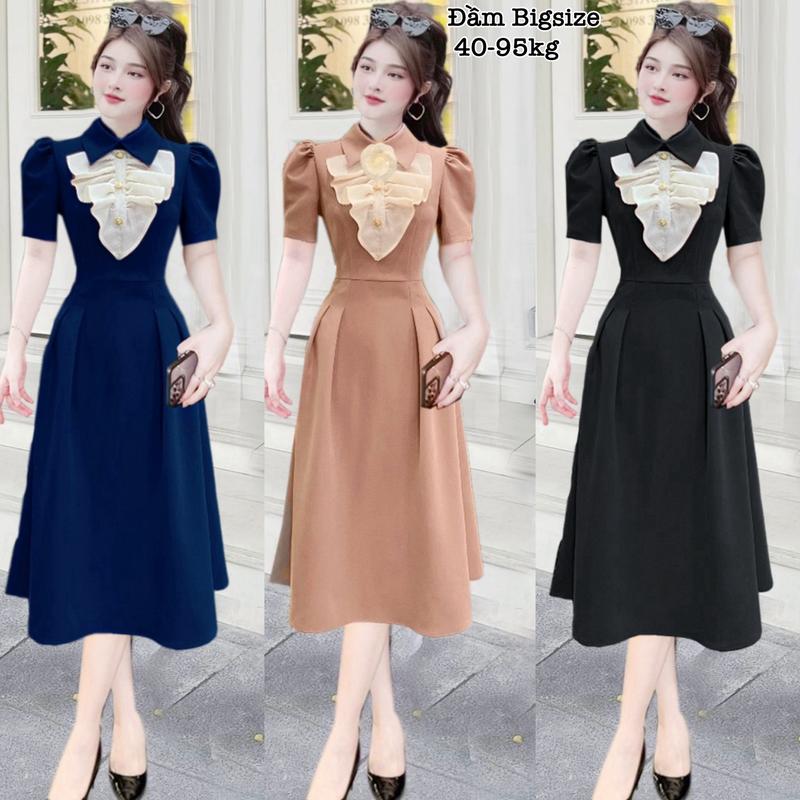 Thời Trang Bigsize HCM - Váy Đầm Bigsize Cổ Sơ Mi Gắn Hoa Vải Lụa Chéo Thái Thiết Kế Dự Tiệc Nữ Chuppy Cao Cấp Xinh Đẹp Sang Trọng Dễ Thương Giá Rẻ 40-95kg ennhobigsize Nhung Voi Sen Đen Hoa Sen - 2196