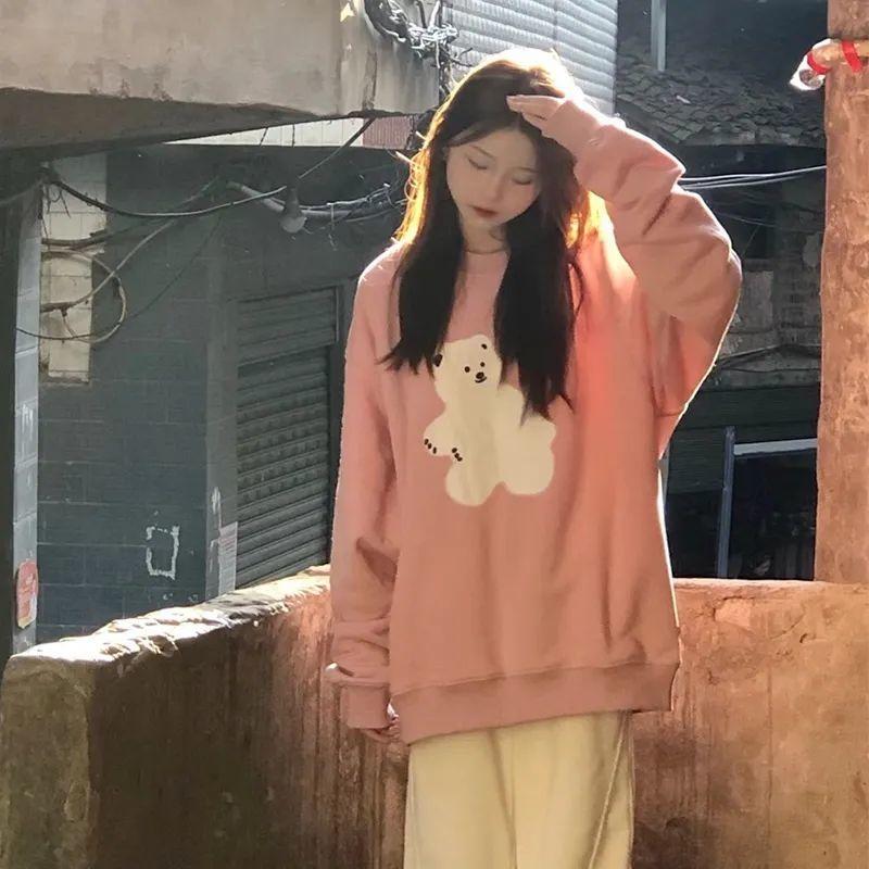 Áo Hoodie Chải Cổ Tròn, Màu Hồng Dễ Thương Hợp Xu hướng Dành Cho Nữ, Thích Hợp Cho Mùa Thu Và Mùa Đông, Phong Cách Hàn Quốc, Dáng Rộng Vừa Vặn, Thích Hợp Cho Học Sinh, Phong Cách Thường Ngày Áo Dễ Phối Đồ Thời Trang 2