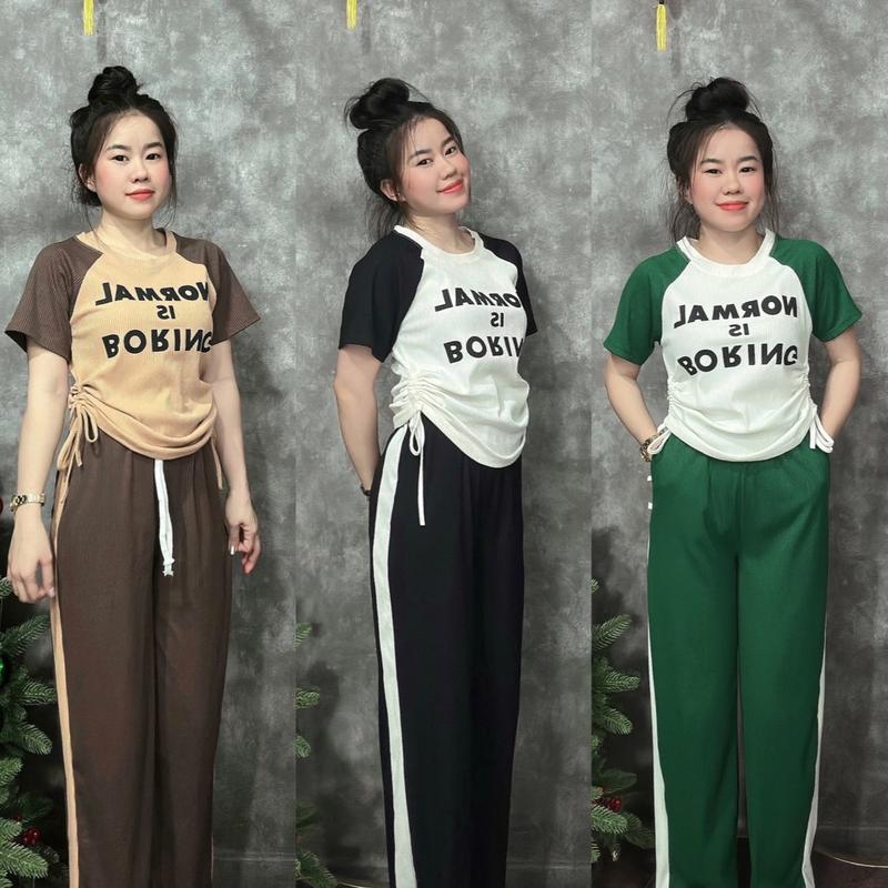 Sét Bộ Thun Gân Rút Dây Hai Bên In Chữ Phối Màu Hai Tay Quần Ống Rộng Có thể giặt bằng máy Women Nhung Áo Ong Voi