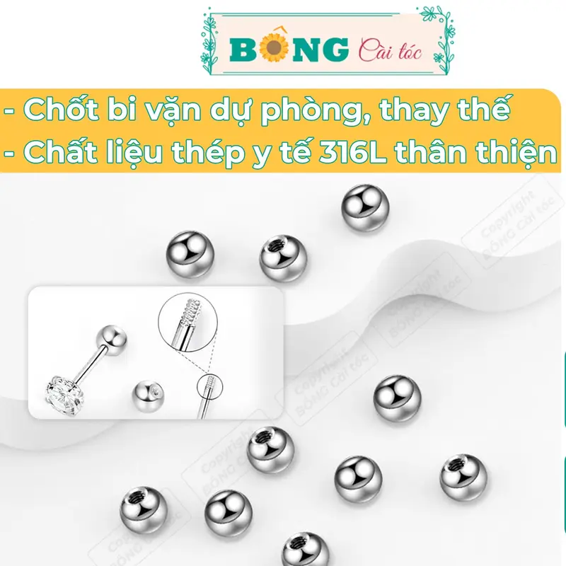 Chốt bi vặn cho khuyên tai chất liệu thép 316L không gỉ nhiều kích thước PKK90 - chốt khuyên tai BÔNG Cài Tóc 0
