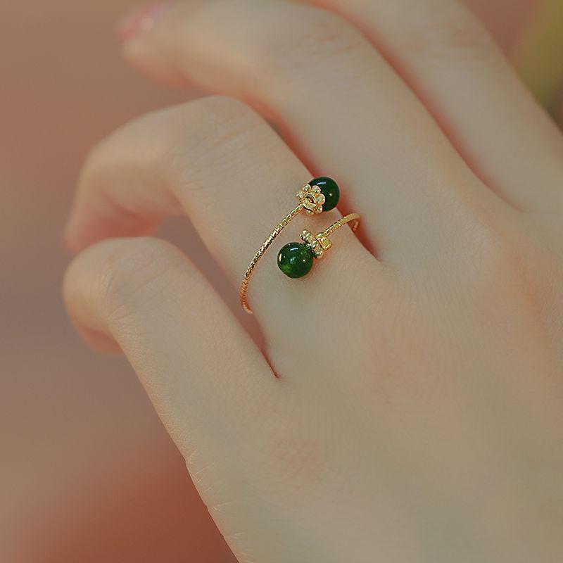 Hetian - แหวนทองธรรมชาติ 18K หยก วงกลม สำหรับผู้หญิง 3