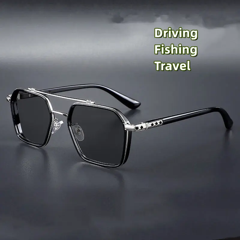 Men's Metal Sunglasses Retro Square Double Bridge Fashion Simple Frame sunglasses men Driving Fashion Night vision glasses