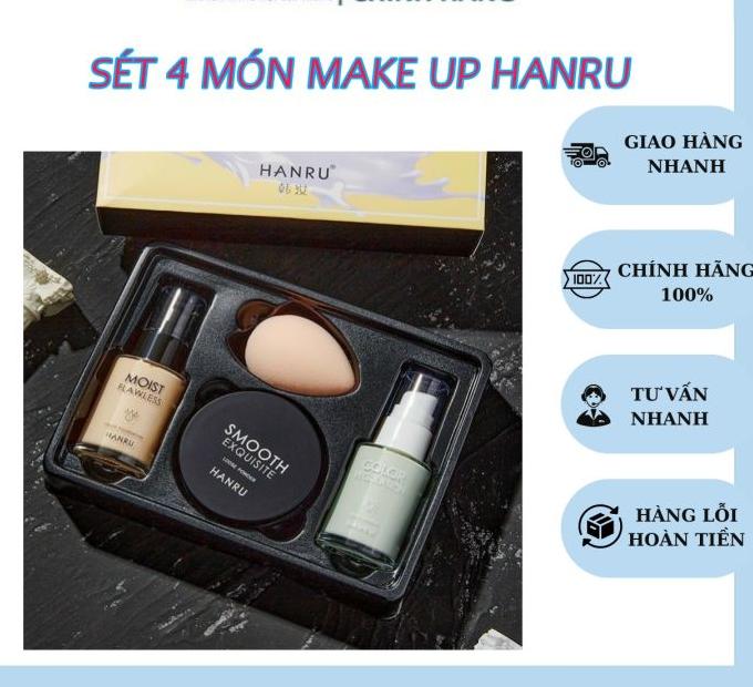 Sét Make Up 4 Món Hanru Sét Trang Điểm 4 món Hanru Tiện Lợi Dễ Dùng Gồm Kem Lót Kem Nền Phấn Phủ Và Bông Tán Nền Set Trang Điểm Tiện Dụng Cho Người Mới Bắt Đầu Cosmetic Son