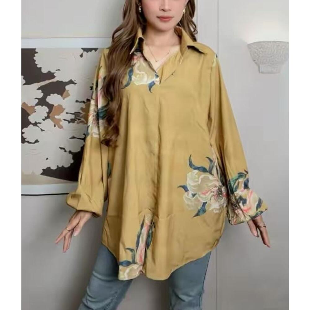 Asaya Atasan gaya retro kerah v model longgar motif cetak untuk wanita