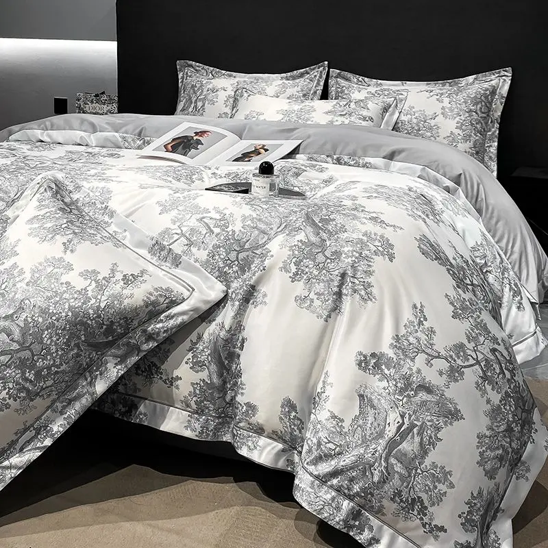 Bộ đồ giường mùa hè, chất lượng cao cấp, chất liệu lụa lạnh hạng A, bộ bốn mảnh, ga trải giường ngủ màu Nude mượt mà, vỏ chăn lụa giặt, ga trải giường được trang bị Tencel, 4 kích cỡ có sẵn