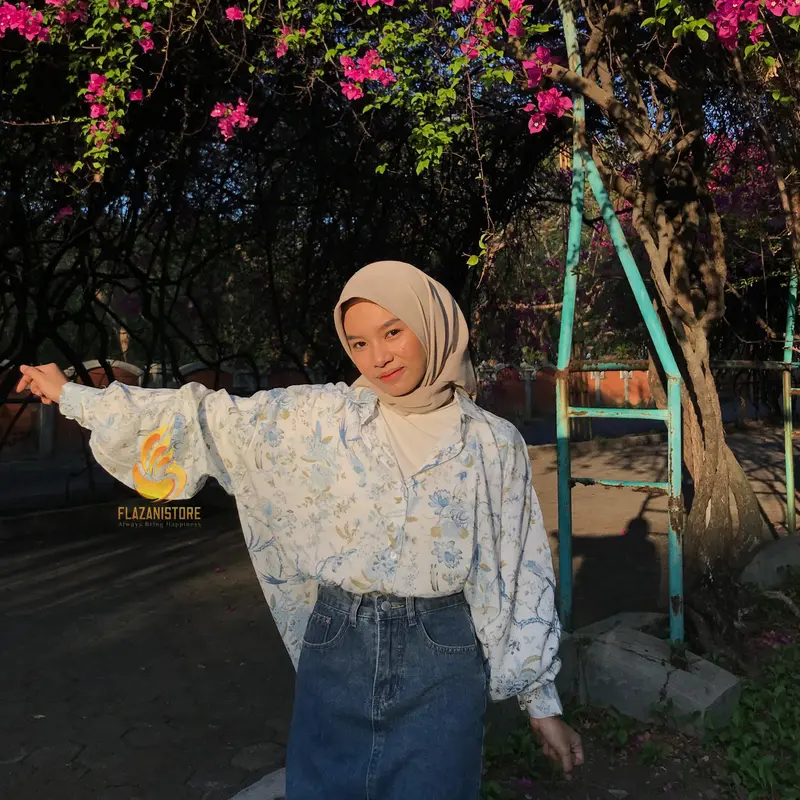 Flazani-￼Kemeja Basic Oversize Lengan Puffy Korean Style Rayon Motif New Series kemeja Jumbo Kemeja Tangan Kancing Kemeja Casual Atasan Wanita Atasan Kerja Atasan Motif Baju Viscose Panjang Katun 7