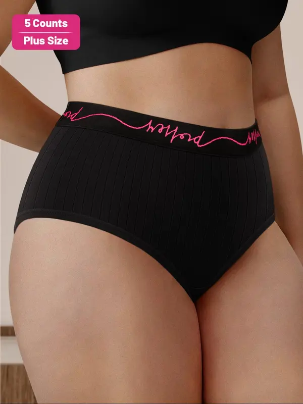 【Plus Size】 Colorblock Letter Tape Mid Waist Briefs, Soft Comfy Breathable Panty for Daily Wear, Women's Underwear for All Seasons 2