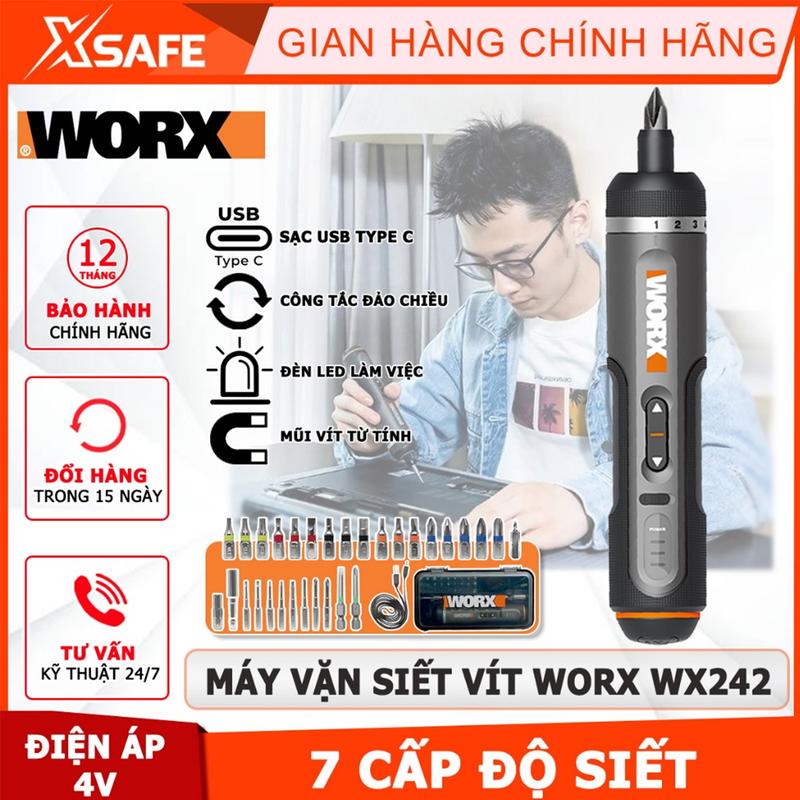 Máy bắn vít mini WORX WX242 4V Máy vặn siết vít 7 mức cấp độ kèm 30 đầu vít và đầu nối vít