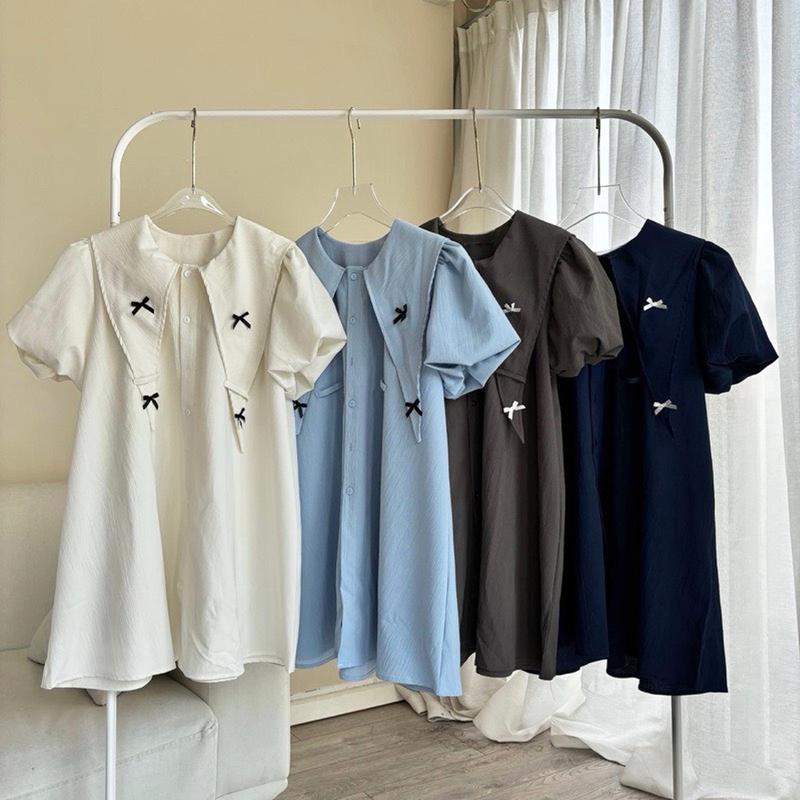 Váy babydoll cổ thủy thủ thêu nơ tặng kèm quần bảo hộ Vintagevibes. Women Dress Kem Dài Tay Đầm