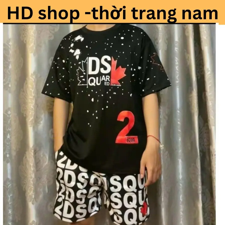Sét Đồ Bộ Nam dsq lá đỏ hình họa tiết Bộ Nam Hè Combo (áo +Quần ) Chất Vải Cotton Co Dãn 2 Màu đen Trắng Menswear Kem Sơ Mi Jean Shirt Shirt