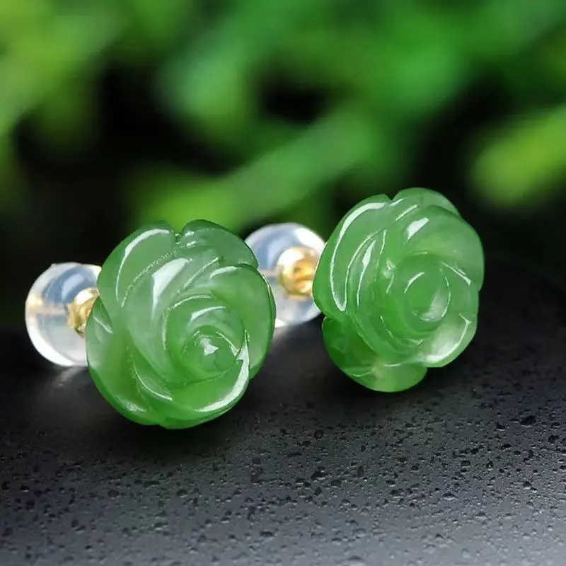 Hetian Jade 925 Silver Jade Rose Flower Earrings Emerald Green Jade Earrings for Women Sweet Simple Earrings