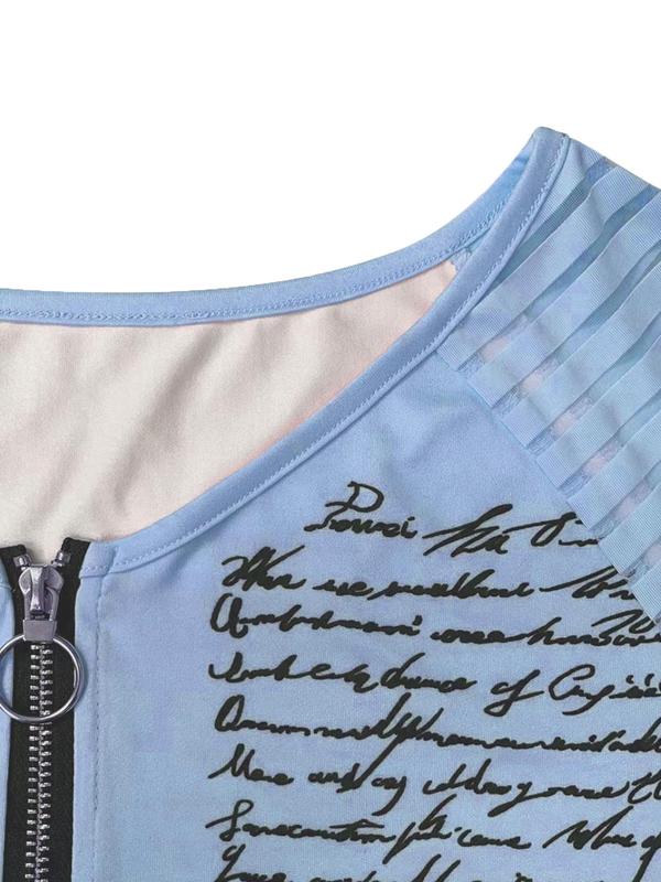 Women's Letter & Striped Print Zipper Raglan Sleeve Tee, Casual Long Sleeve V Neck T-shirt for Summer, Fashion Women's Top for Daily Wear 5