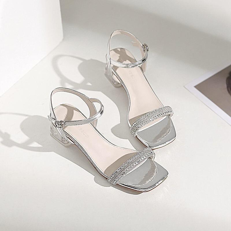  Sandal cao gót đế vuông trong 5p  giày cao gót quai dây lấp lánh kim tuyến chuẩn sz ba màu trắng bạc đen mã TD315 