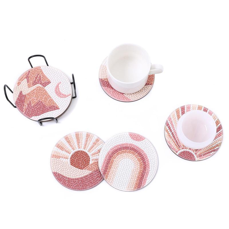 Product Introduction of Landscape Pattern DIY Diamond Arts Colorful Painting Coaster, 8 Counts Round Table Decorative Cup Mat With Stand For Home Kitchen Coffee Shop 15