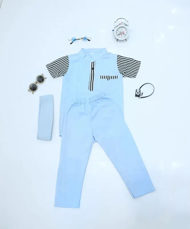 satu set baju kurta anak laki laki plus peci usia 1-10 tahun Katun Polos Celana Koko Muslim Salur Setelan Nyaman Panjang Pendek 0